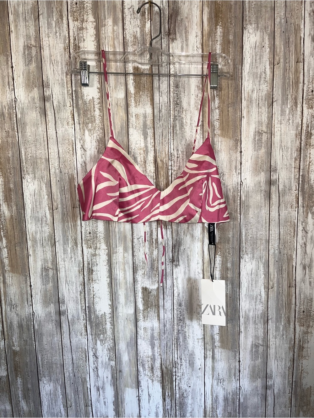 Zara Pink White Zebra Print Satin Crop Top Tie Back Bralette XL NWT - Picture 2 of 6